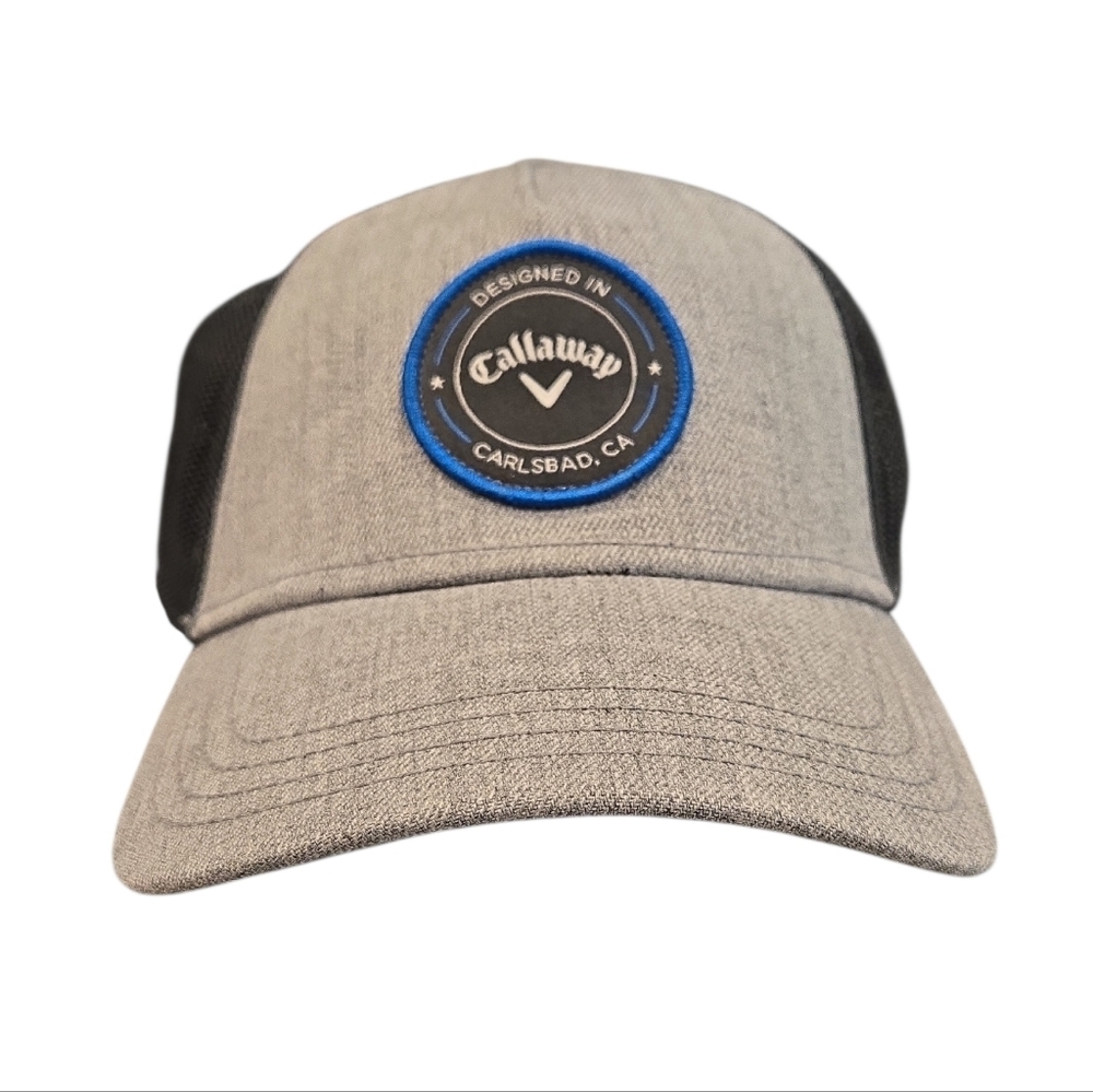 CALLAWAY PLAYING THROUGH TRUCKER ADJUSTABLE GOLF HAT IN GREY AND BLACK. NWOT.